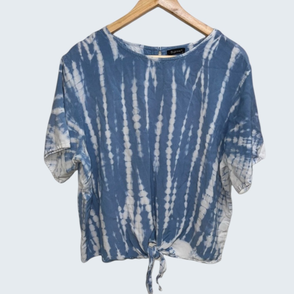 Style House Blue Tie Dye Front Tie Short Sleeve Top Plus Size 3X Boho Shibori
